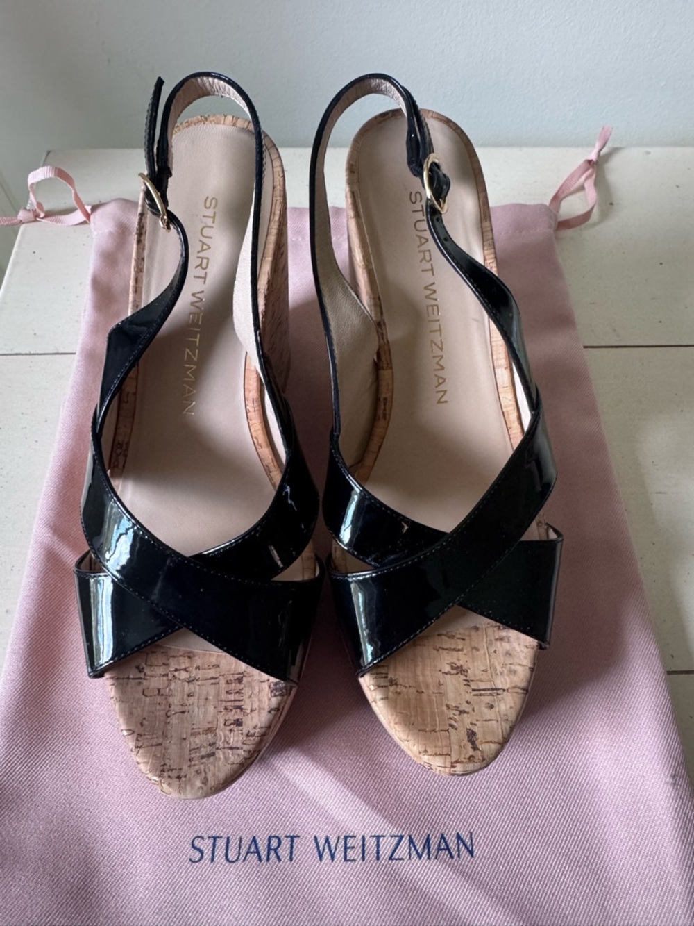 Stuart Weitzman Dayna Black Patent Slingback Sandals-US 7B or 37.5 EU